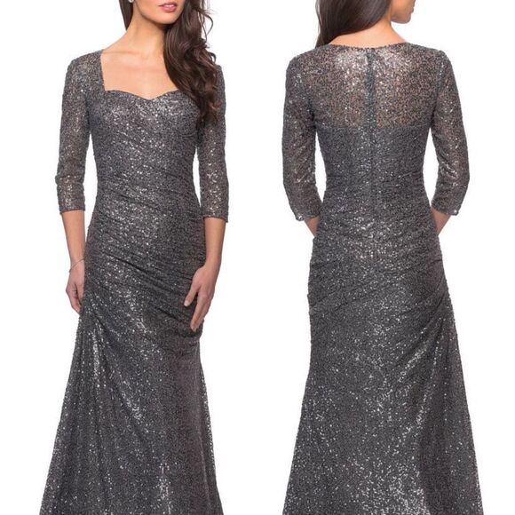 LA FEMME Ruched Sequin Trumpet Gown In Gunmetal Size 8 $469 - Picture 2 of 10